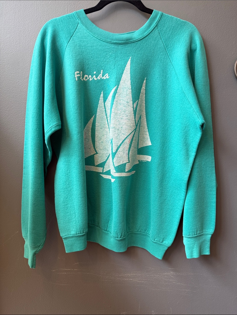 Vintage Fruit of the Loom Teal Crewneck Sweatshirt with White Sailboat Graphic